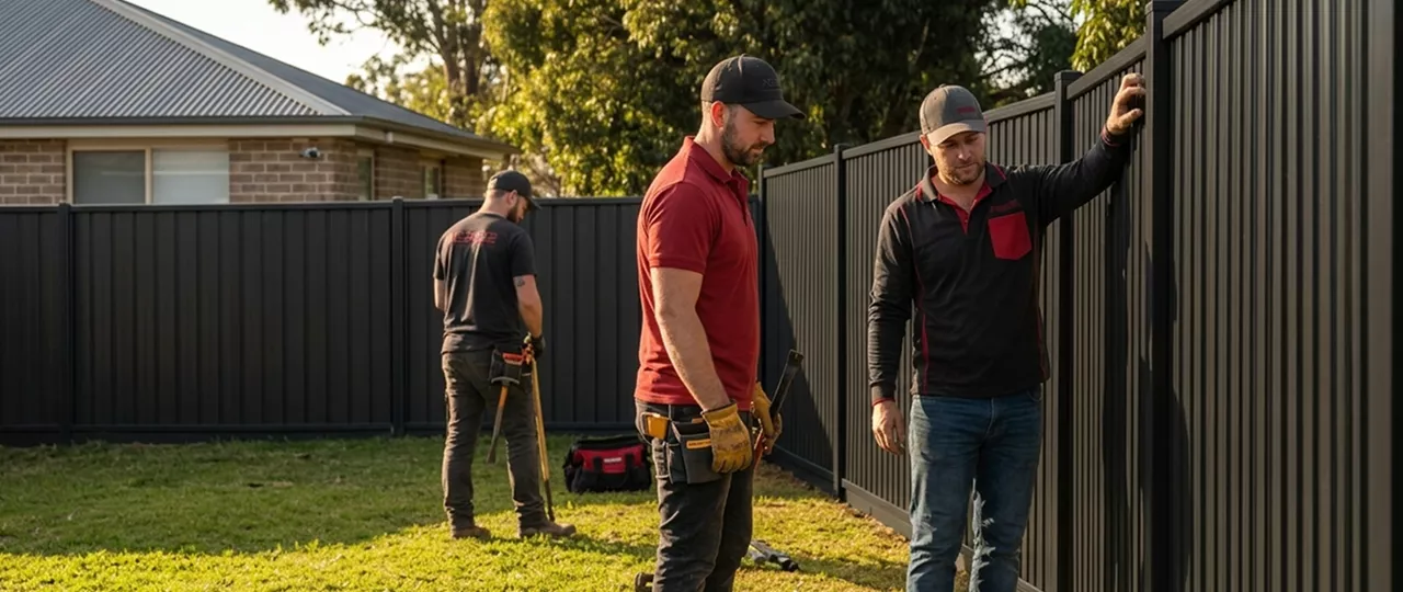 Three workers in matching uniforms inspecting and installing a tall dark steel panel fence in a suburban backyard.